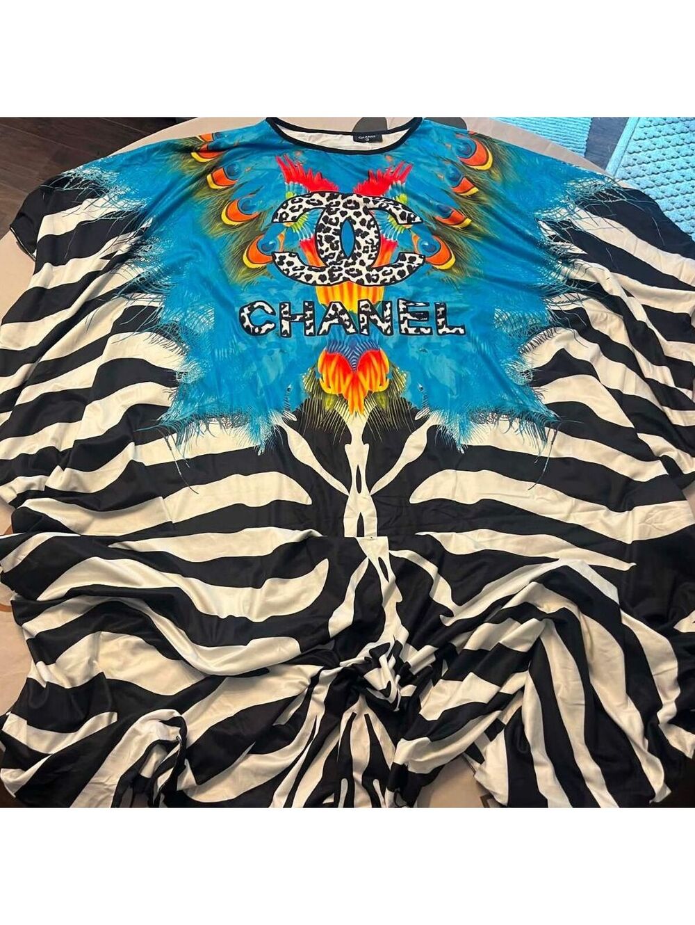 Chanel Multicolor Zebra Stripe and Peacock Feather Print Blouse Sz 38
